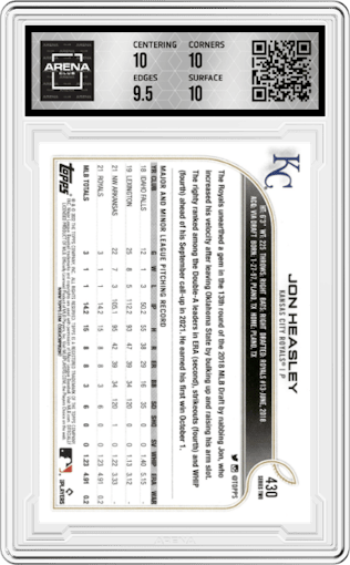 Jon Heasley from the 2022 Topps Series 2 set graded by Arena Club and given an overall grade of 10.