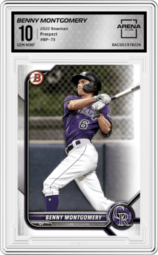 Benny Montgomery from the 2022 Bowman set graded by Arena Club and given an overall grade of 10.