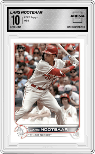 Lars Nootbaar from the 2022 Topps  Series 1 set graded by Arena Club and given an overall grade of 10.