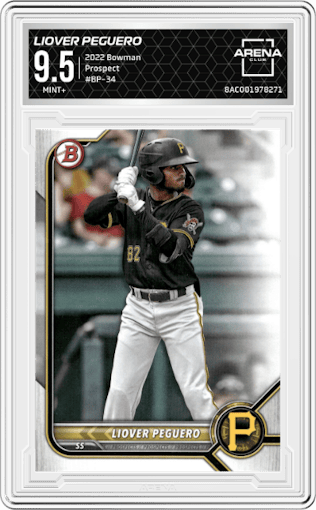 Liover Peguero from the 2022 Bowman set graded by Arena Club and given an overall grade of 9.5.