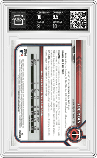 Joe Ryan from the 2022 Bowman set graded by Arena Club and given an overall grade of 9.5.