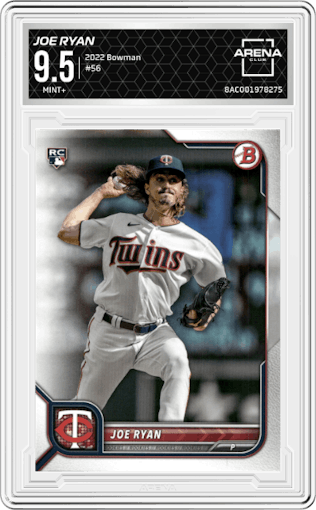 Joe Ryan from the 2022 Bowman set graded by Arena Club and given an overall grade of 9.5.