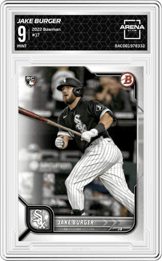 Jake Burger from the 2022 Bowman set graded by Arena Club and given an overall grade of 9.