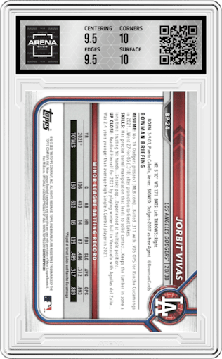 Jorbit Vivas from the 2022 Bowman set graded by Arena Club and given an overall grade of 10.