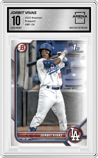 Jorbit Vivas from the 2022 Bowman set graded by Arena Club and given an overall grade of 10.
