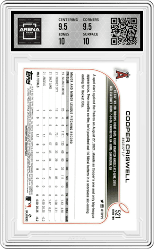 Cooper Criswell from the 2022 Topps Series 2 set graded by Arena Club and given an overall grade of 10.
