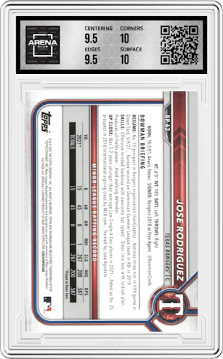 Jose Rodriguez from the 2022 Bowman set graded by Arena Club and given an overall grade of 10.