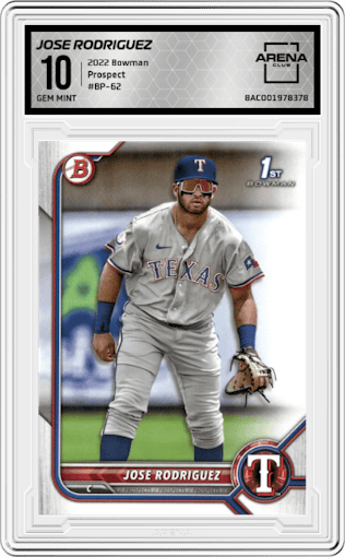 Jose Rodriguez from the 2022 Bowman set graded by Arena Club and given an overall grade of 10.