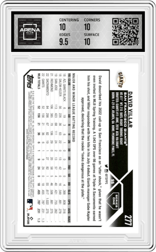 David Villar from the 2023 Topps Series 1 set graded by Arena Club and given an overall grade of 10.