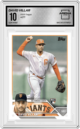 David Villar from the 2023 Topps Series 1 set graded by Arena Club and given an overall grade of 10.