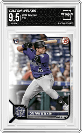 Colton Welker from the 2022 Bowman set graded by Arena Club and given an overall grade of 9.5.