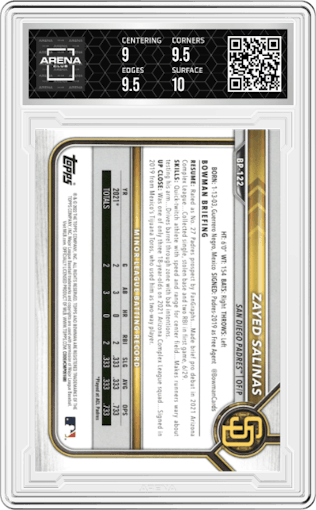 Zayed Salinas from the 2022 Bowman set graded by Arena Club and given an overall grade of 9.5.