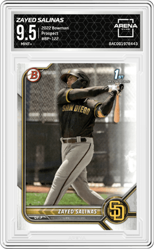 Zayed Salinas from the 2022 Bowman set graded by Arena Club and given an overall grade of 9.5.
