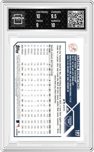 Andrew Benintendi from the 2023 Topps Series 1 set graded by Arena Club and given an overall grade of 9.5.