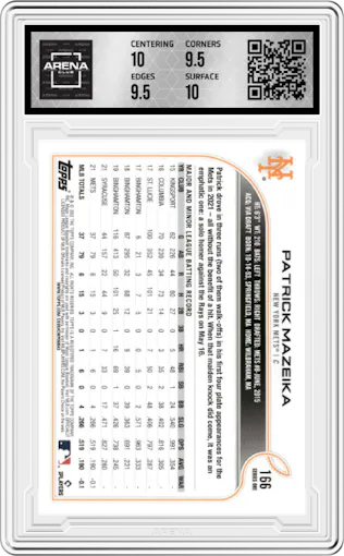 Patrick Mazeika from the 2022 Topps  Series 1 set graded by Arena Club and given an overall grade of 10.