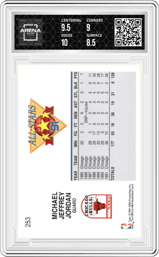 Michael Jordan from the 1991-92 NBA Hoops set graded by Arena Club and given an overall grade of 9.