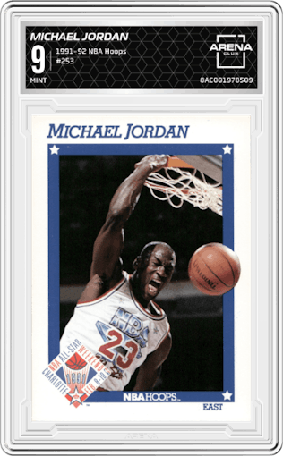 Michael Jordan from the 1991-92 NBA Hoops set graded by Arena Club and given an overall grade of 9.