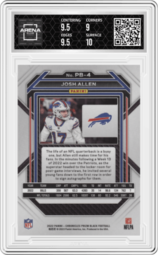 Josh Allen from the 2022 Panini Chronicles set graded by Arena Club and given an overall grade of 9.5.