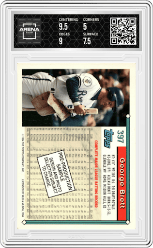 George Brett  from the 1993 Topps set featuring a Variation parallel graded by Arena Club and given an overall grade of 5.5.
