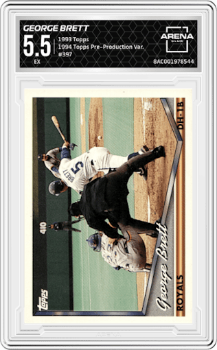 George Brett  from the 1993 Topps set featuring a Variation parallel graded by Arena Club and given an overall grade of 5.5.