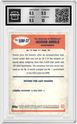Jackson Arnold from the 2023 Bowman Chrome University set graded by Arena Club and given an overall grade of 10.