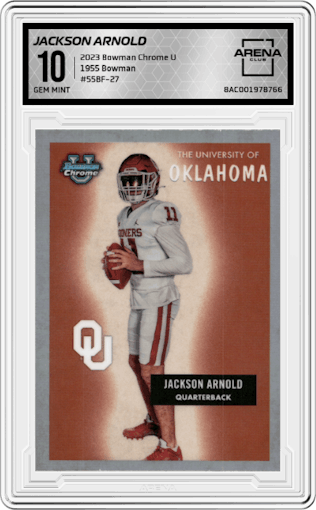 Jackson Arnold from the 2023 Bowman Chrome University set graded by Arena Club and given an overall grade of 10.