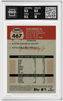 Jackie Bradley Jr. from the 2022 Topps Chrome Platinum Anniversary set featuring a Refractor parallel graded by Arena Club and given an overall grade of 9.