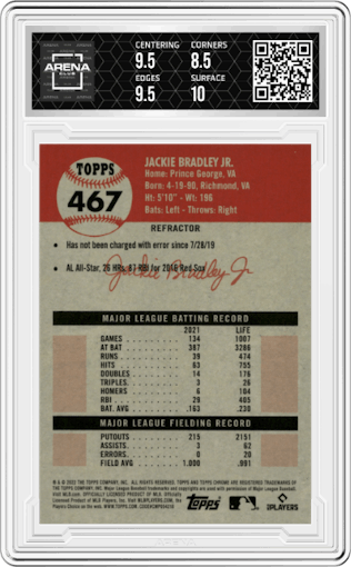 Jackie Bradley Jr. from the 2022 Topps Chrome Platinum Anniversary set featuring a Refractor parallel graded by Arena Club and given an overall grade of 9.