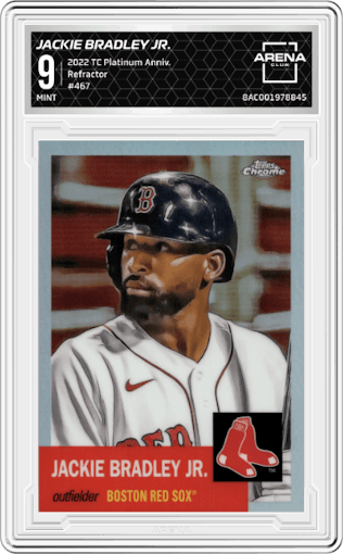 Jackie Bradley Jr. from the 2022 Topps Chrome Platinum Anniversary set featuring a Refractor parallel graded by Arena Club and given an overall grade of 9.