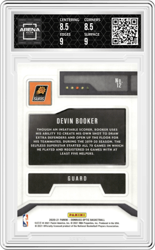 Devin Booker from the 2020-21 Panini Donruss Optic set graded by Arena Club and given an overall grade of 9.