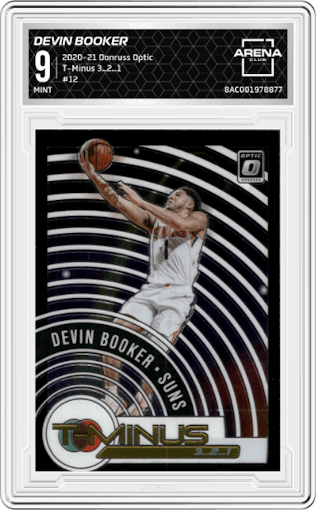 Devin Booker from the 2020-21 Panini Donruss Optic set graded by Arena Club and given an overall grade of 9.