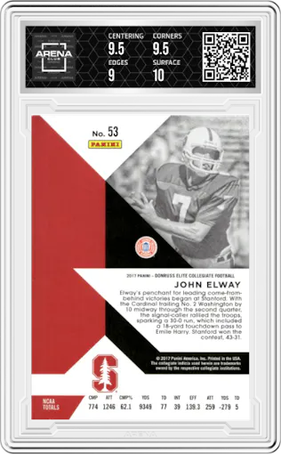 John Elway from the 2017 Panini Elite Draft Picks set graded by Arena Club and given an overall grade of 9.5.