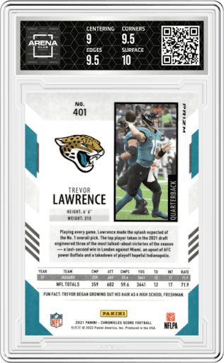 Trevor Lawrence from the 2021 Panini Chronicles set featuring a Silver  parallel graded by Arena Club and given an overall grade of 9.5.