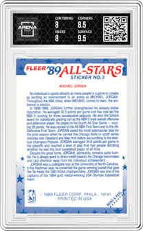 Michael Jordan  from the 1989-90 Fleer set graded by Arena Club and given an overall grade of 8.5.