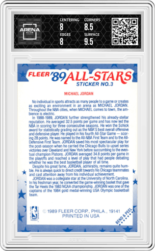 Michael Jordan  from the 1989-90 Fleer set graded by Arena Club and given an overall grade of 8.5.