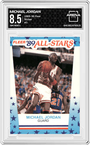 Michael Jordan  from the 1989-90 Fleer set graded by Arena Club and given an overall grade of 8.5.