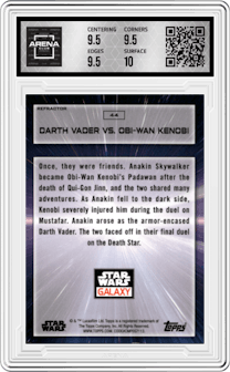 Darth Vader VS. Obi-Wan Kenobi from the 2022 Topps Chrome Star Wars Galaxy set featuring a Refractor parallel graded by Arena Club and given an overall grade of 10.