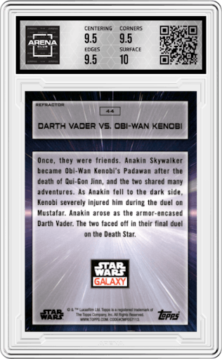 Darth Vader VS. Obi-Wan Kenobi from the 2022 Topps Chrome Star Wars Galaxy set featuring a Refractor parallel graded by Arena Club and given an overall grade of 10.