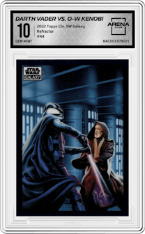 Darth Vader VS. Obi-Wan Kenobi from the 2022 Topps Chrome Star Wars Galaxy set featuring a Refractor parallel graded by Arena Club and given an overall grade of 10.