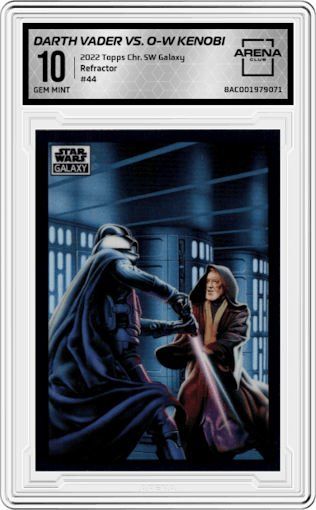 Darth Vader VS. Obi-Wan Kenobi from the 2022 Topps Chrome Star Wars Galaxy set featuring a Refractor parallel graded by Arena Club and given an overall grade of 10.