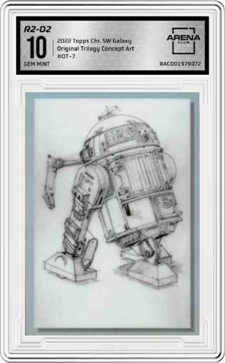 R2-D2 from the 2022 Topps Chrome Star Wars Galaxy set graded by Arena Club and given an overall grade of 10.