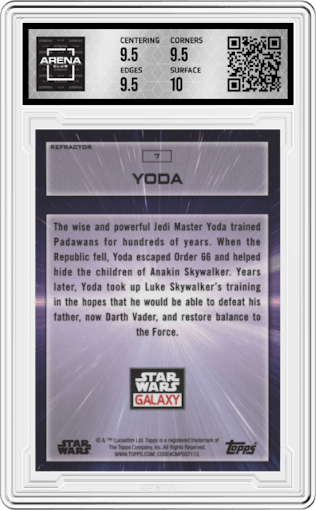 Yoda from the 2022 Topps Chrome Star Wars Galaxy set featuring a Refractor parallel graded by Arena Club and given an overall grade of 10.