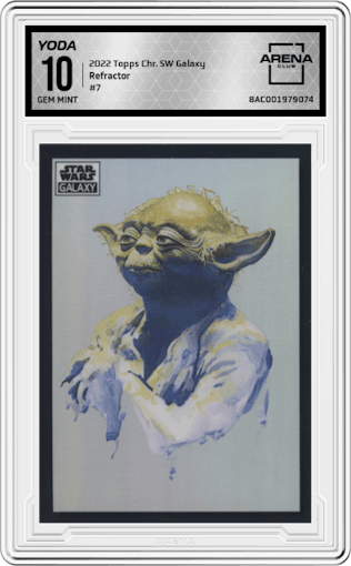 Yoda from the 2022 Topps Chrome Star Wars Galaxy set featuring a Refractor parallel graded by Arena Club and given an overall grade of 10.