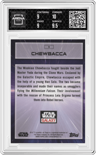Chewbacca from the 2022 Topps Chrome Star Wars Galaxy set graded by Arena Club and given an overall grade of 9.5.