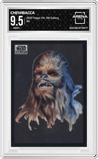 Chewbacca from the 2022 Topps Chrome Star Wars Galaxy set graded by Arena Club and given an overall grade of 9.5.