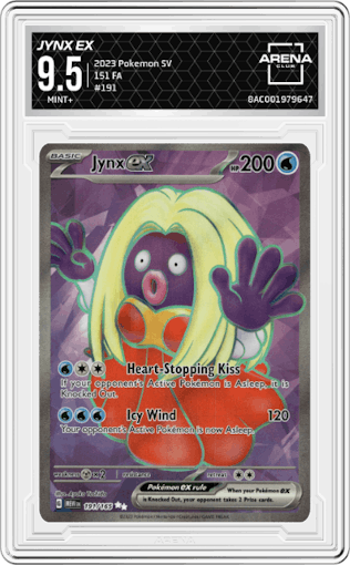 Jynx ex from the 2023 Pokemon SV set graded by Arena Club and given an overall grade of 9.5.