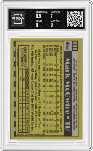 Mark McGwire from the 1990 Topps set graded by Arena Club and given an overall grade of 7.5.
