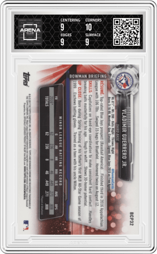 Vladimir Guerrero Jr. from the 2017 Bowman Mega Box Chrome set graded by Arena Club and given an overall grade of 9.5.