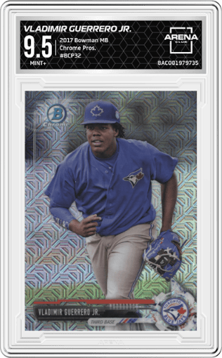 Vladimir Guerrero Jr. from the 2017 Bowman Mega Box Chrome set graded by Arena Club and given an overall grade of 9.5.