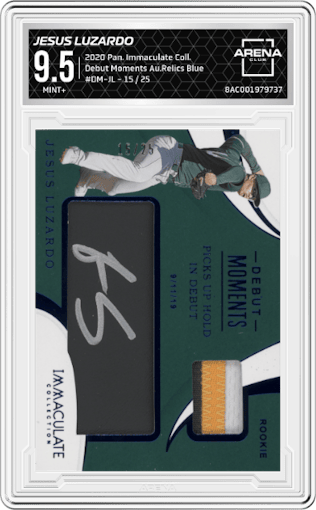 Jesus Luzardo from the 2020 Panini Immaculate Collection set featuring a Blue parallel graded by Arena Club and given an overall grade of 9.5.